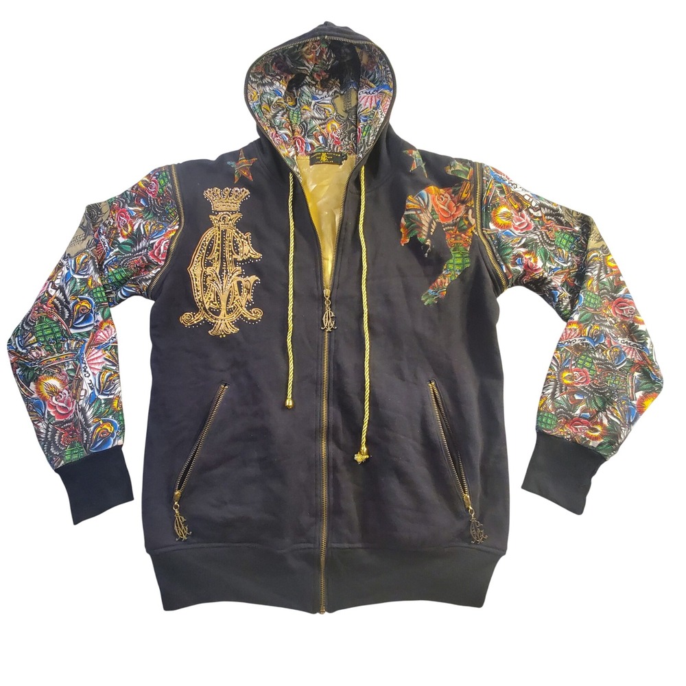 Christian Audigier Y2K Tattoo Hoodie Jacket Zip Off Sleeves M USA Gold Satin